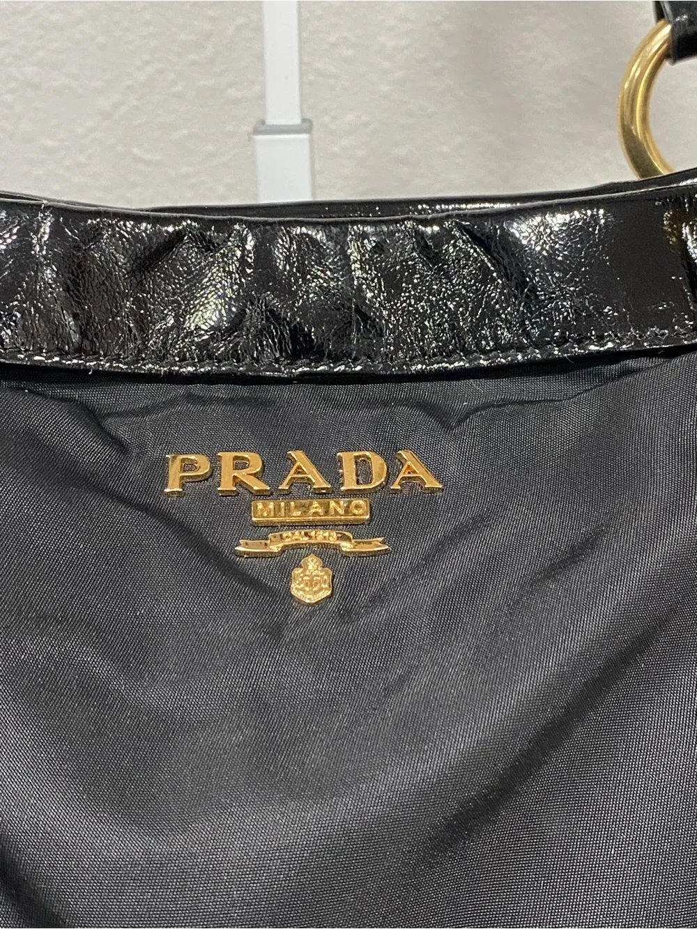 Black Nylon Tote Bag with Patent Leather Trim